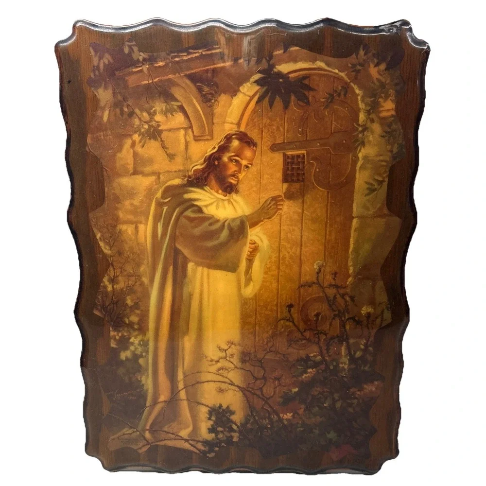 Vintage 1944 Signed MCM‎ Jesus Knocking Door Wall Plaque Religious Art Litho USA